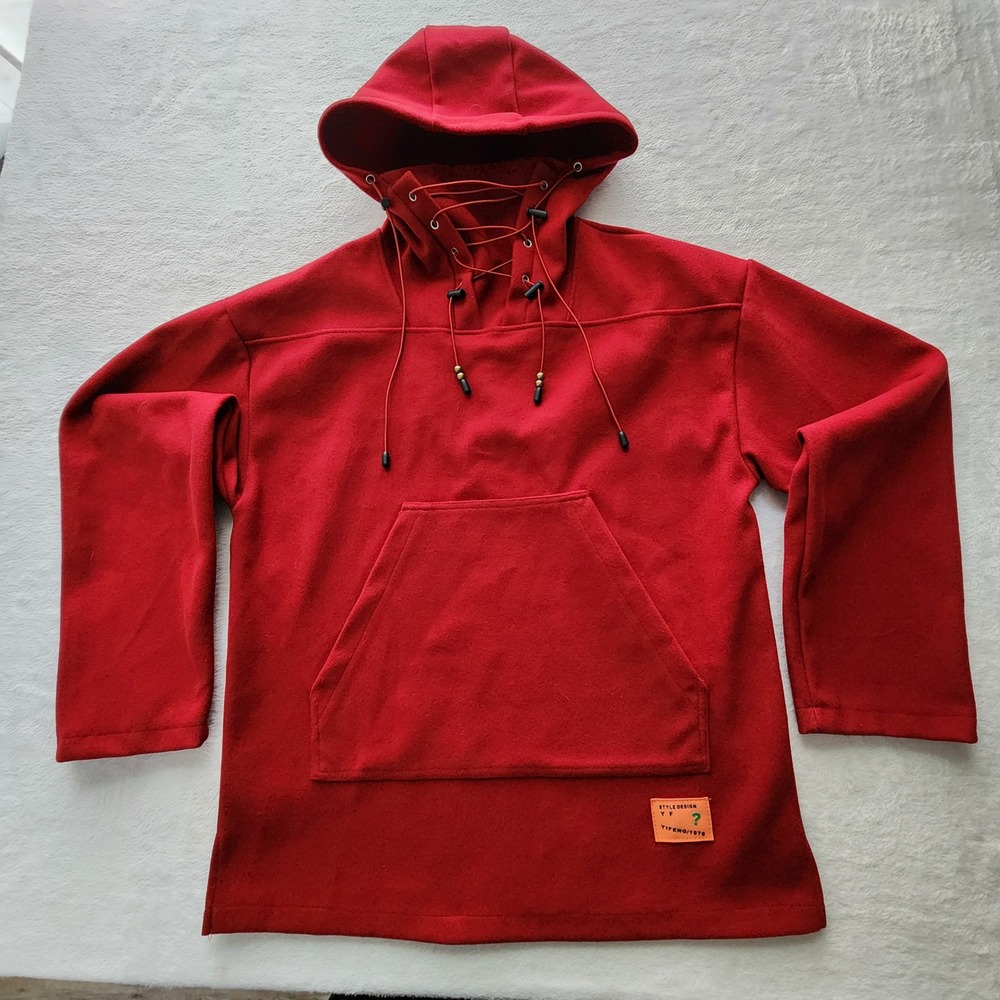 Yifeng‎ Lace Up Hoodie Mens Medium Red Pullover Fleece Felt Kangaroo Pocket